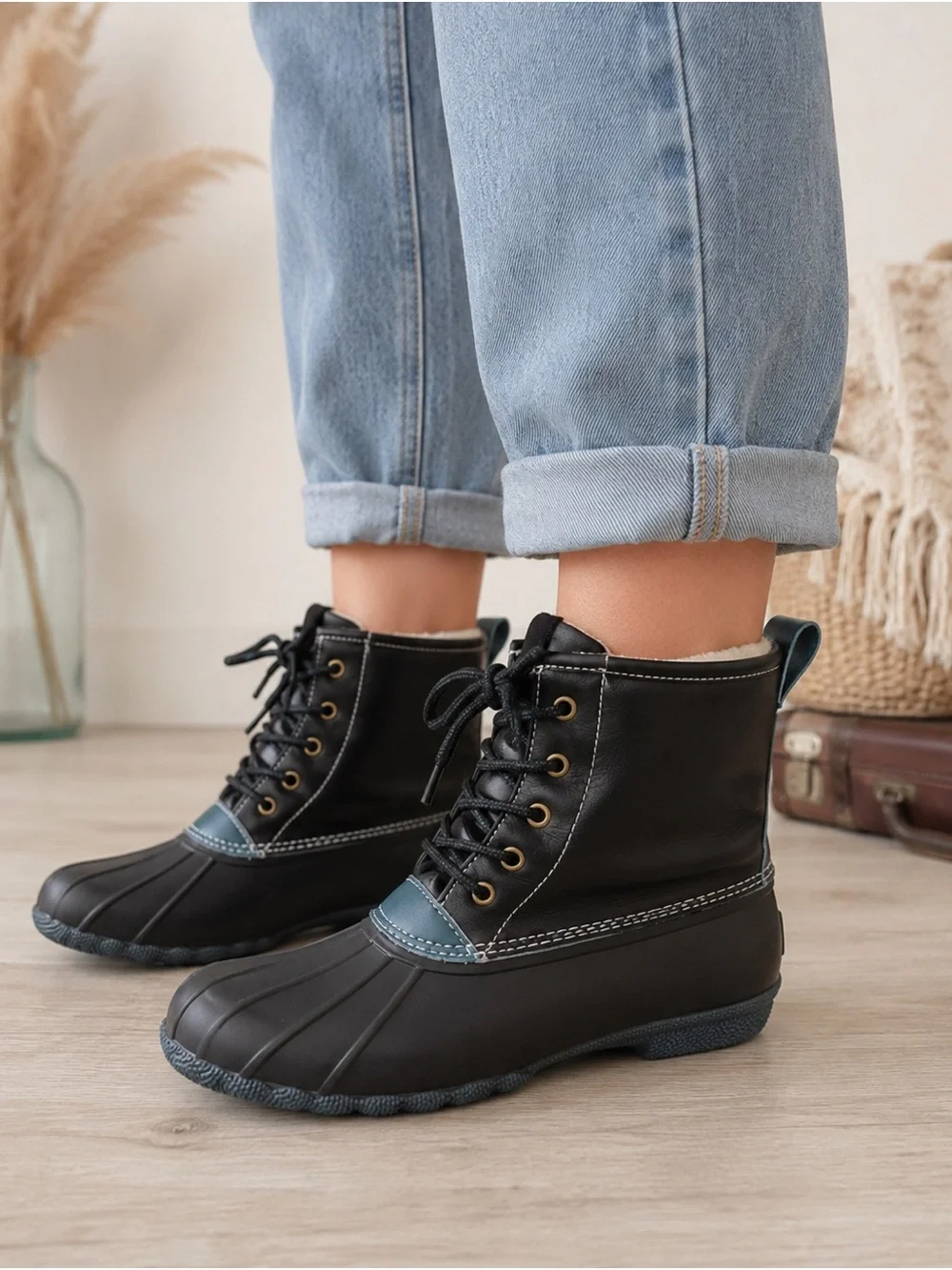 Serra Black Lace-Up Duck Boots with real Accent